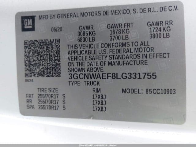 2020 CHEVROLET SILVERADO 1500 2WD REGULAR CAB LONG BED WT 9