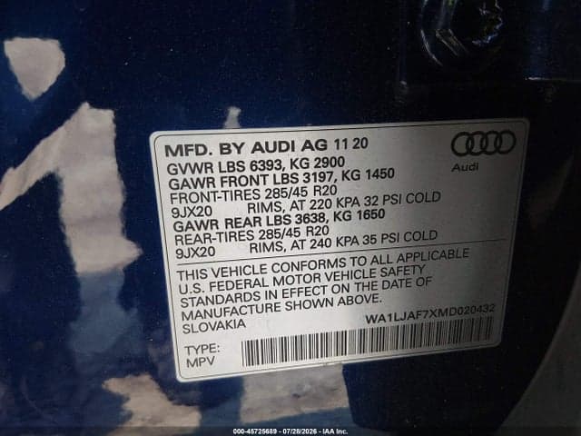 2021 AUDI Q7 PREMIUM PLUS 45 TFSI QUATTRO TIPTRONIC 9