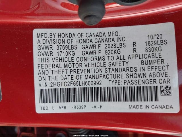 2020 HONDA CIVIC LX 9