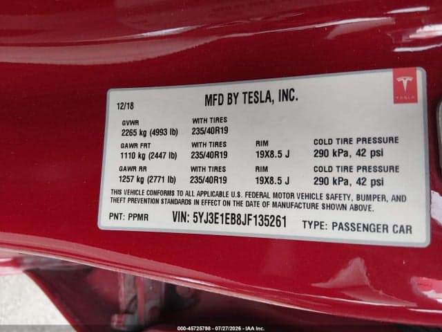 2018 TESLA MODEL 3 LONG RANGE/PERFORMANCE 9