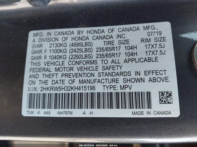 2019 HONDA CR-V LX 9