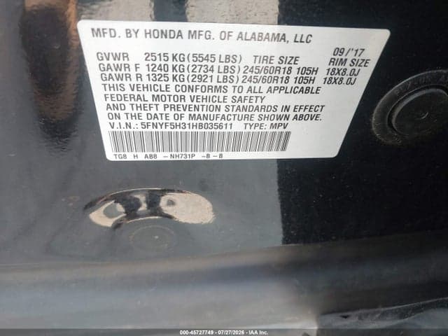 2017 HONDA PILOT EX 9