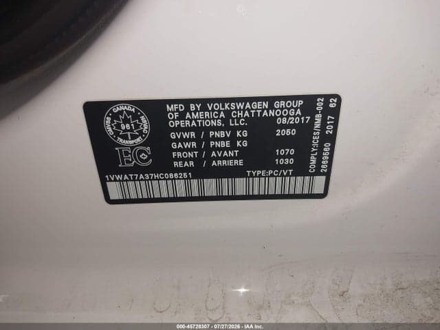 2017 VOLKSWAGEN PASSAT 1.8T S 9