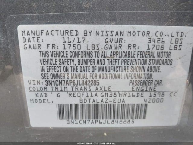 2018 NISSAN VERSA 1.6 S+ 9