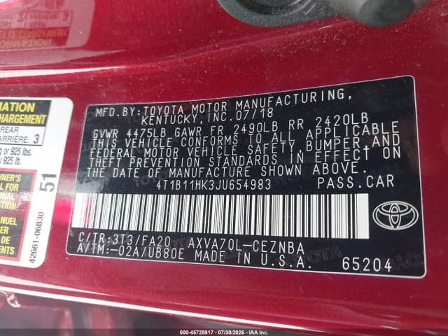2018 TOYOTA CAMRY LE 9