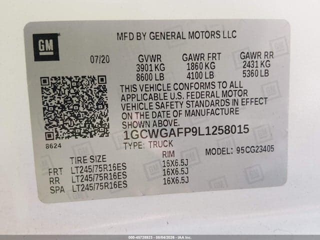 2020 CHEVROLET EXPRESS CARGO RWD 2500 REGULAR WHEELBASE WT 4