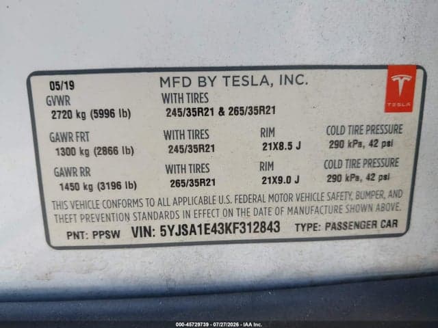 2019 TESLA MODEL S 100D/LONG RANGE/P100D/PERFORMANCE 9
