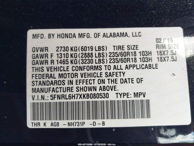 2019 HONDA ODYSSEY EX-L 9