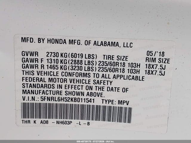 2019 HONDA ODYSSEY EX 9