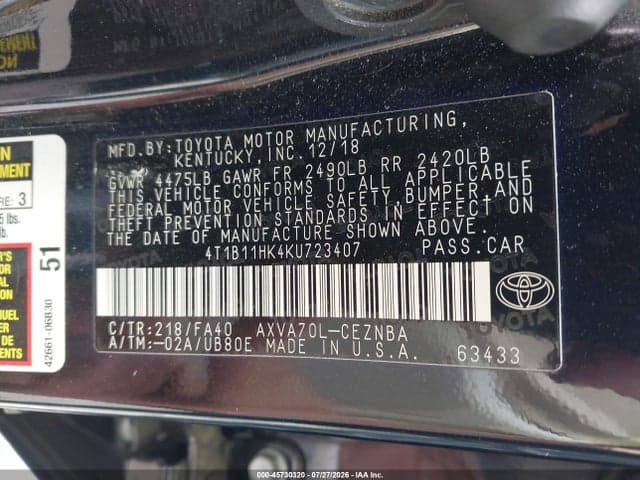 2019 TOYOTA CAMRY LE 9