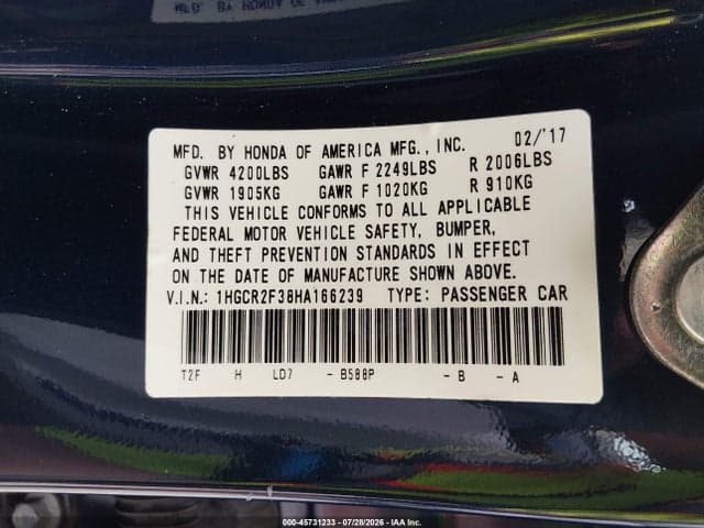 2017 HONDA ACCORD LX 9