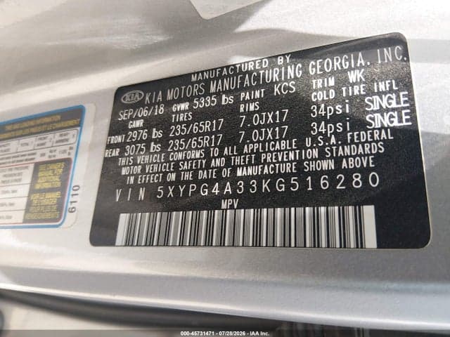2019 KIA SORENTO 2.4L L 9