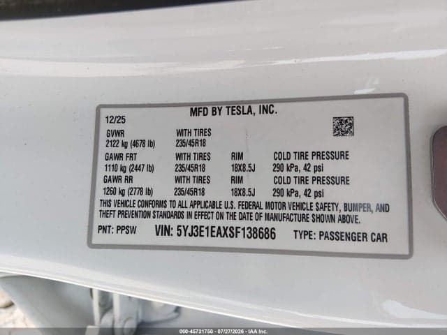 2025 TESLA MODEL 3 LONG RANGE REAR-WHEEL DRIVE/STANDARD REAR-WHEEL DRIVE 9