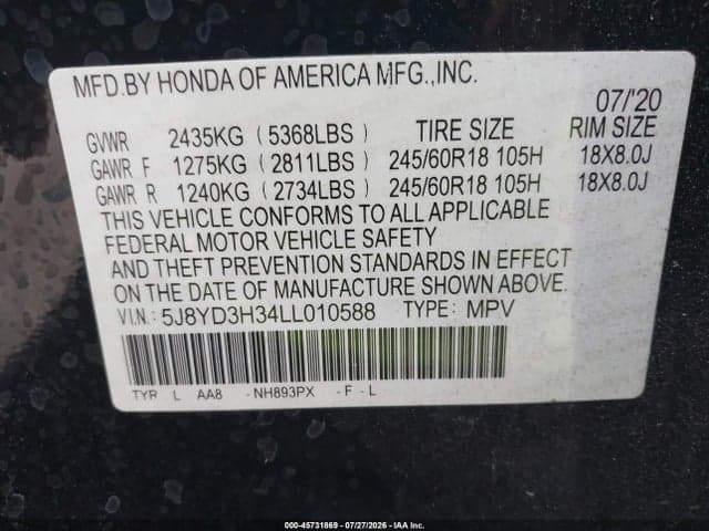 2020 ACURA MDX STANDARD 9