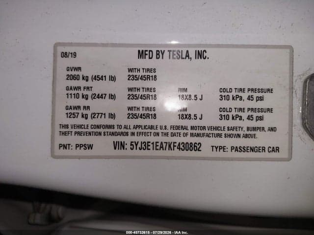 2019 TESLA MODEL 3 LONG RANGE/MID RANGE/STANDARD RANGE/STANDARD RANGE PLUS 9