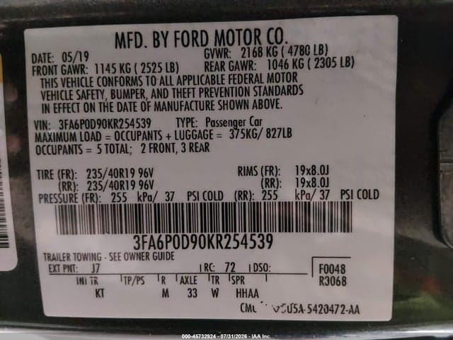 2019 FORD FUSION TITANIUM 9