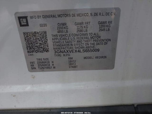 2020 CHEVROLET EQUINOX AWD LT 2.0L TURBO 9