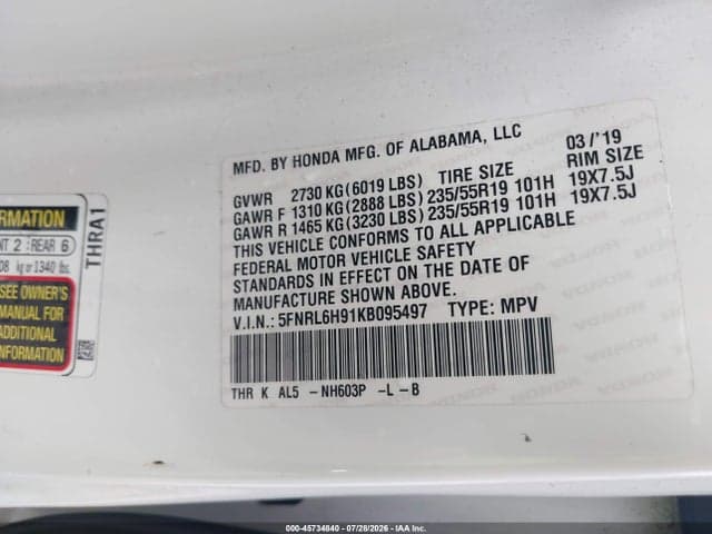 2019 HONDA ODYSSEY ELITE 9