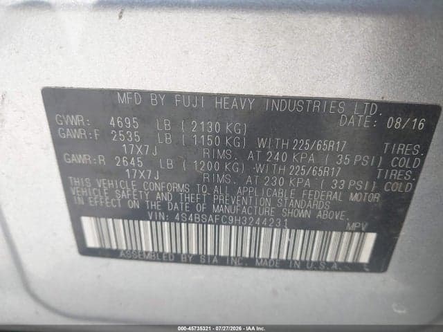 2017 SUBARU OUTBACK 2.5I PREMIUM 9