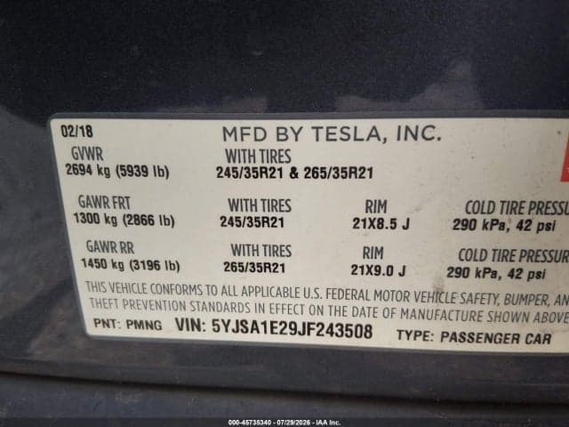 2018 TESLA MODEL S 100D/75D/P100D 9