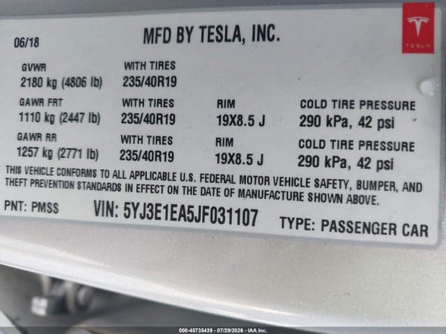 2018 TESLA MODEL 3 LONG RANGE/MID RANGE 9