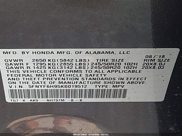 2019 HONDA PILOT TOURING 9