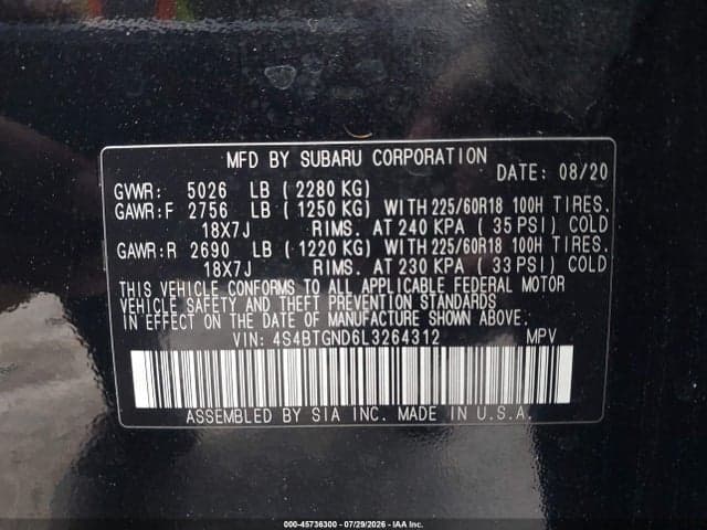2020 SUBARU OUTBACK LIMITED XT 9