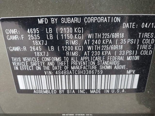 2017 SUBARU OUTBACK 2.5I TOURING 9