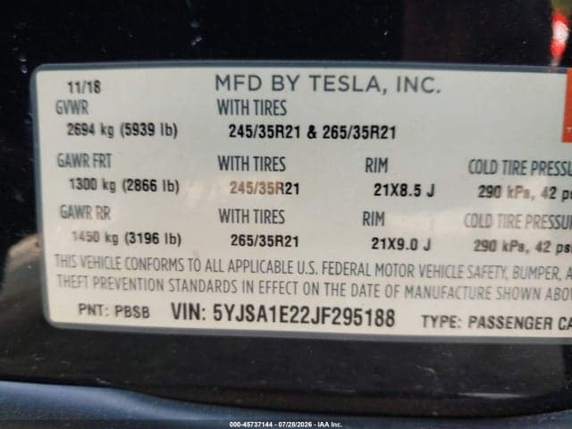 2018 TESLA MODEL S 100D/75D/P100D 9