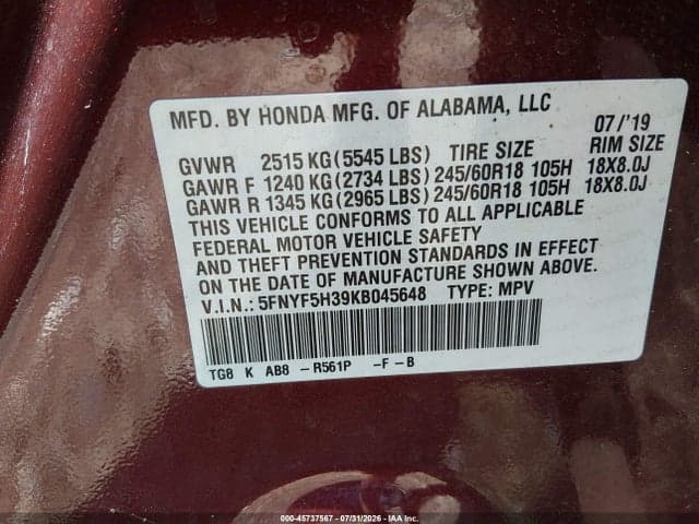2019 HONDA PILOT EX 9