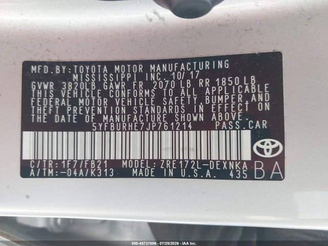 2018 TOYOTA COROLLA LE 9