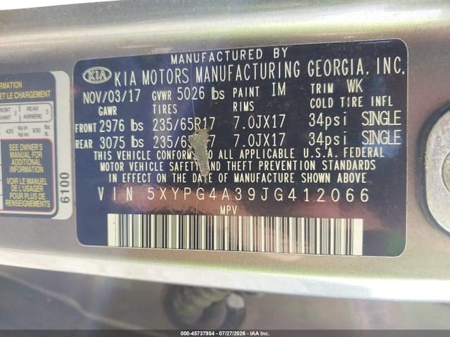 2018 KIA SORENTO 2.4L L 9