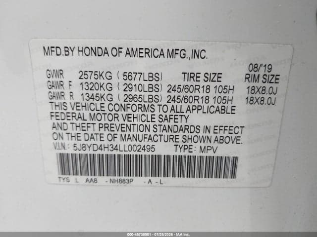 2020 ACURA MDX STANDARD 9