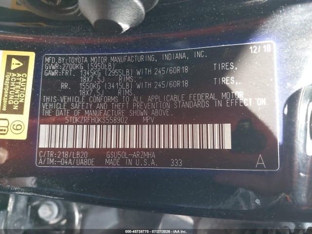 2019 TOYOTA HIGHLANDER XLE 9