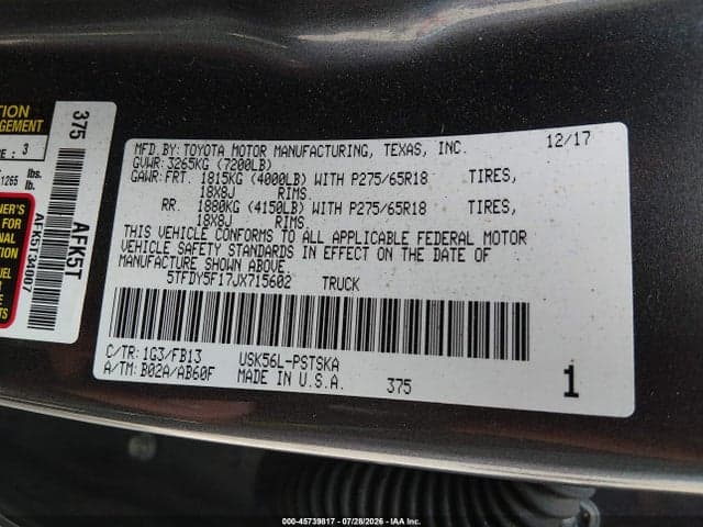 2018 TOYOTA TUNDRA SR5 5.7L V8 9