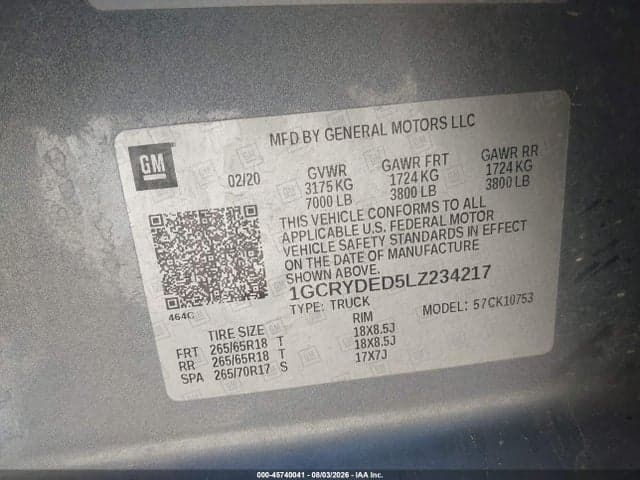2020 CHEVROLET SILVERADO 1500 4WD STANDARD BED LT 8