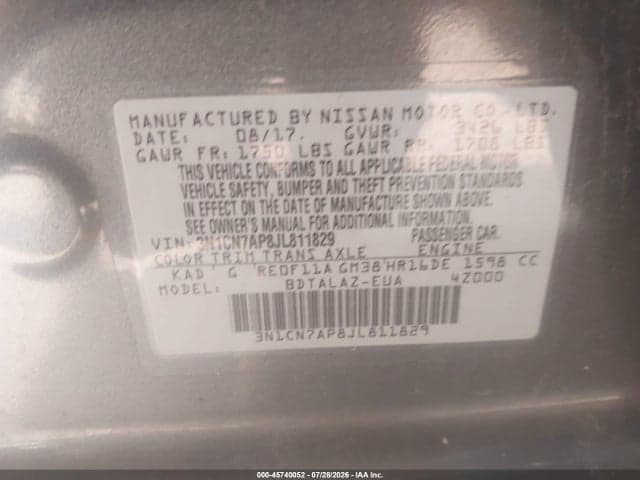 2018 NISSAN VERSA 1.6 S+ 9