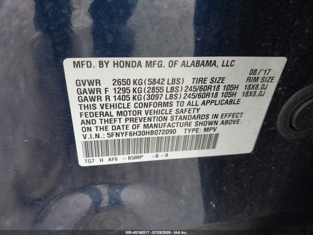 2017 HONDA PILOT EX 9