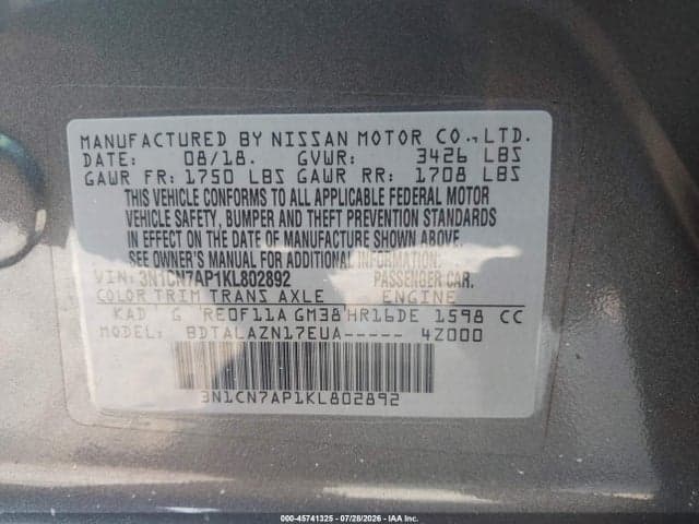 2019 NISSAN VERSA 1.6 S+ 9