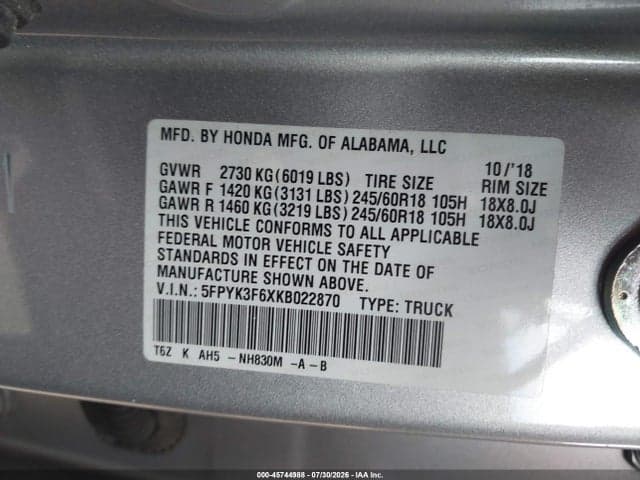 2019 HONDA RIDGELINE RTL-T 9