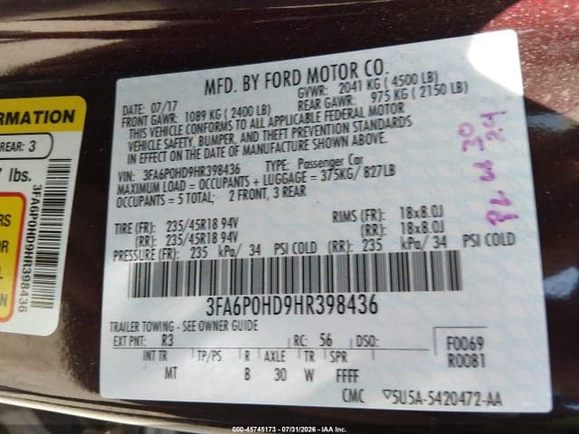 2017 FORD FUSION SE 9