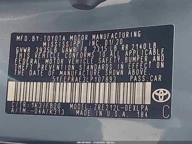 2020 TOYOTA COROLLA LE 9