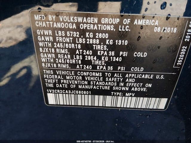 2018 VOLKSWAGEN ATLAS 3.6L V6 SE 9