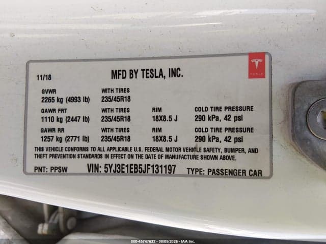 2018 TESLA MODEL 3 LONG RANGE/PERFORMANCE 9