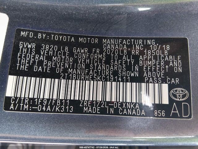 2019 TOYOTA COROLLA LE 9