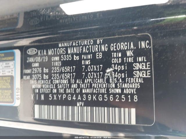 2019 KIA SORENTO 2.4L L 9