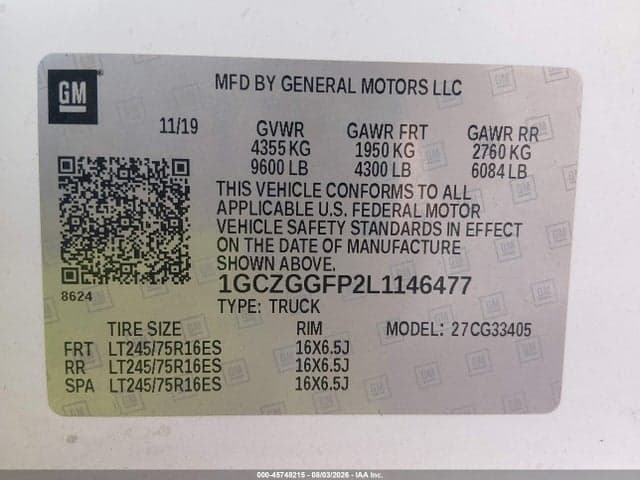 2020 CHEVROLET EXPRESS CARGO RWD 3500 REGULAR WHEELBASE WT 9