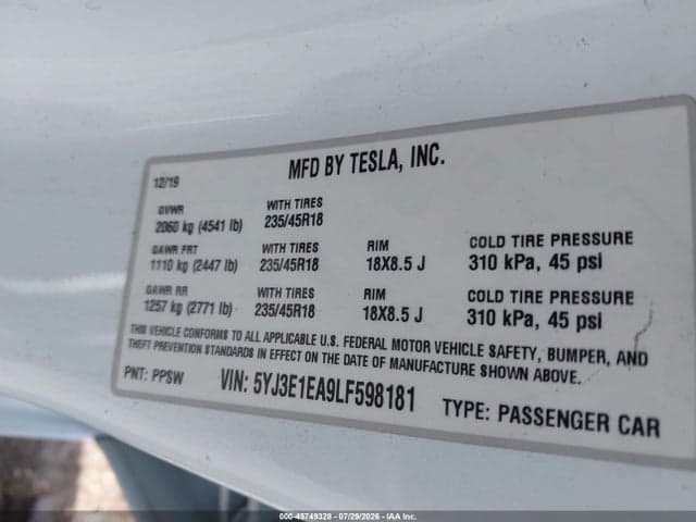 2020 TESLA MODEL 3 STANDARD RANGE PLUS REAR-WHEEL DRIVE/STANDARD RANGE REAR-WHEEL DRIVE 9