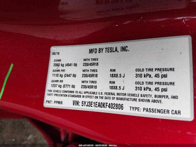 2019 TESLA MODEL 3 LONG RANGE/MID RANGE/STANDARD RANGE/STANDARD RANGE PLUS 9