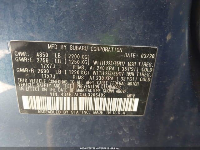 2020 SUBARU OUTBACK PREMIUM 9